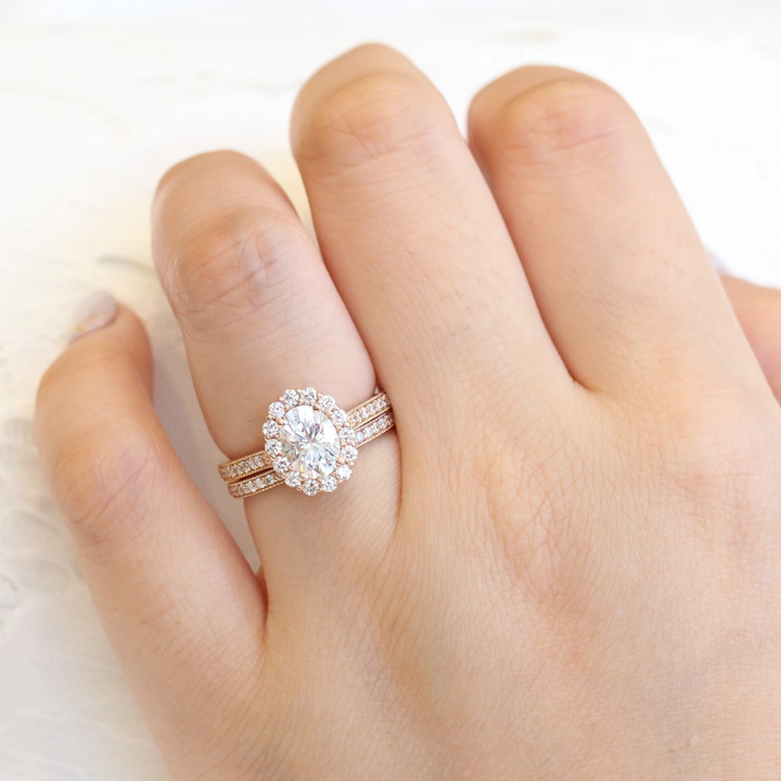 Oval cut moissanite with halo bridal band set 14k in rose gold