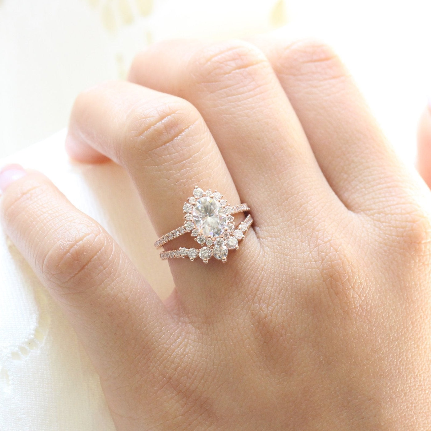 Oval cut moissanite with halo bridal band set 14k in rose gold