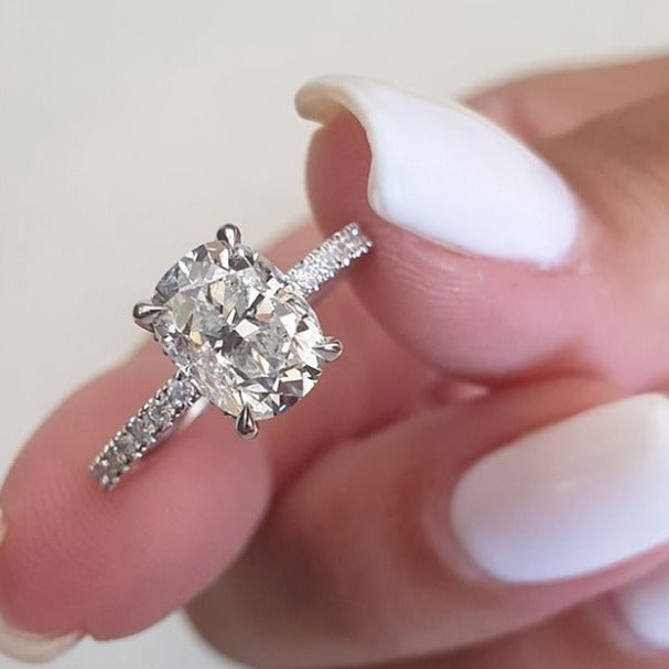 1.70ct Elongated Cushion Cut Moissanite Hidden Halo Engagement Ring