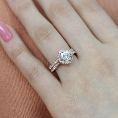 Cushion cut moissanite with bridal band set 14k in rose gold