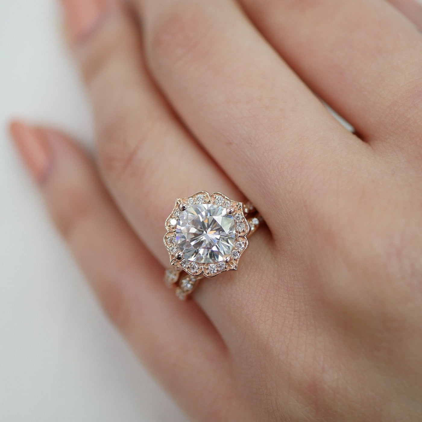 Round Floral moissanite with bridal band set 14k in rose gold