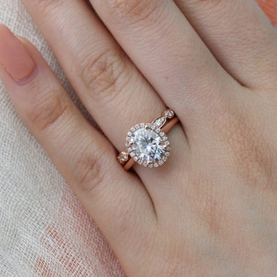 2.0ct Oval Moissanite Halo Engagement Ring with Bezel Diamond Band