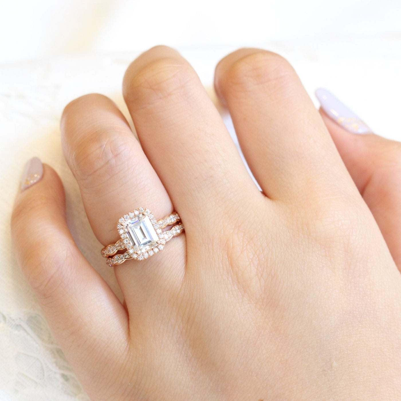 1.60ct Emerald Cut Moissanite Halo Engagement Ring with Match Wedding Band