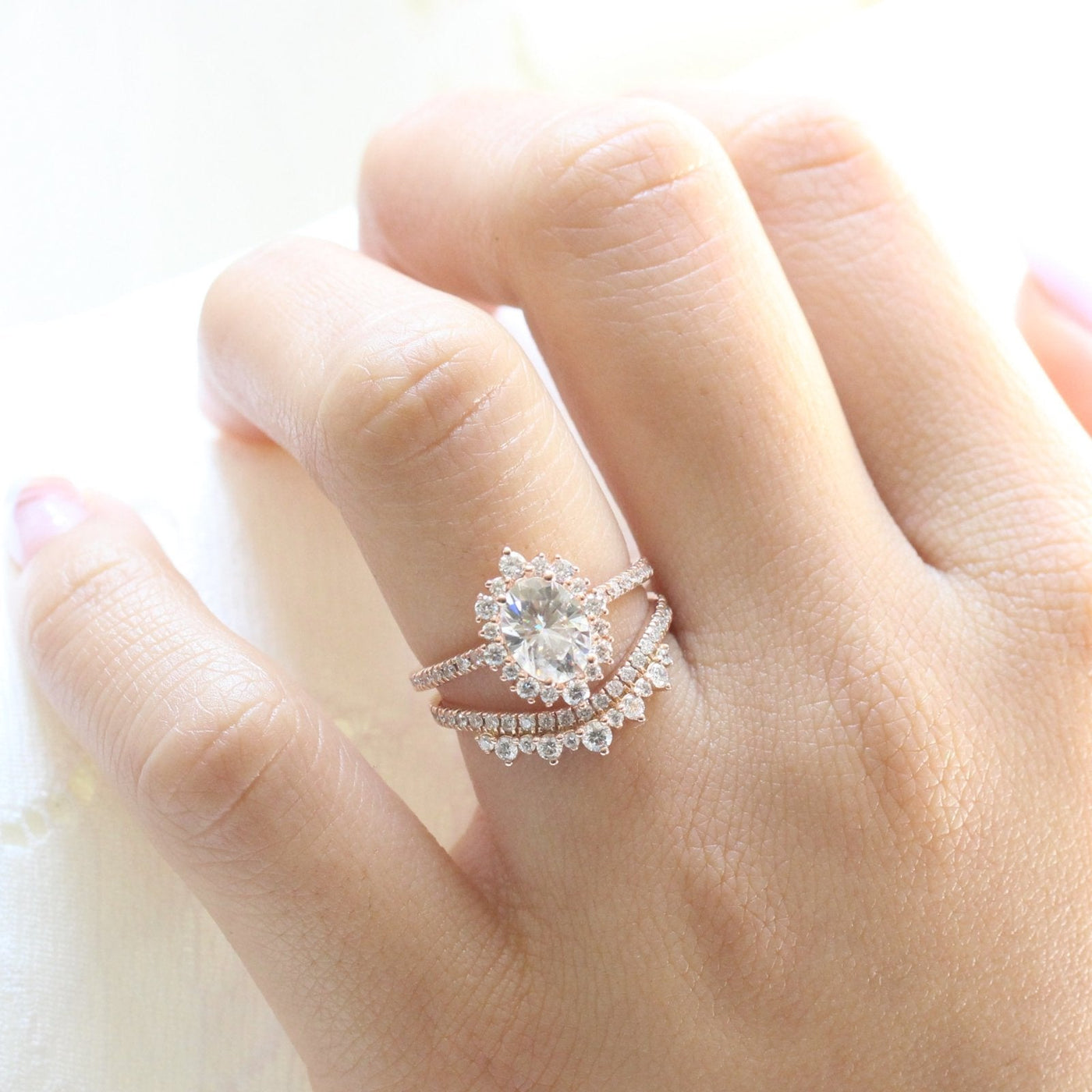 Oval moissanite with crown bridal set 14k in rose gold