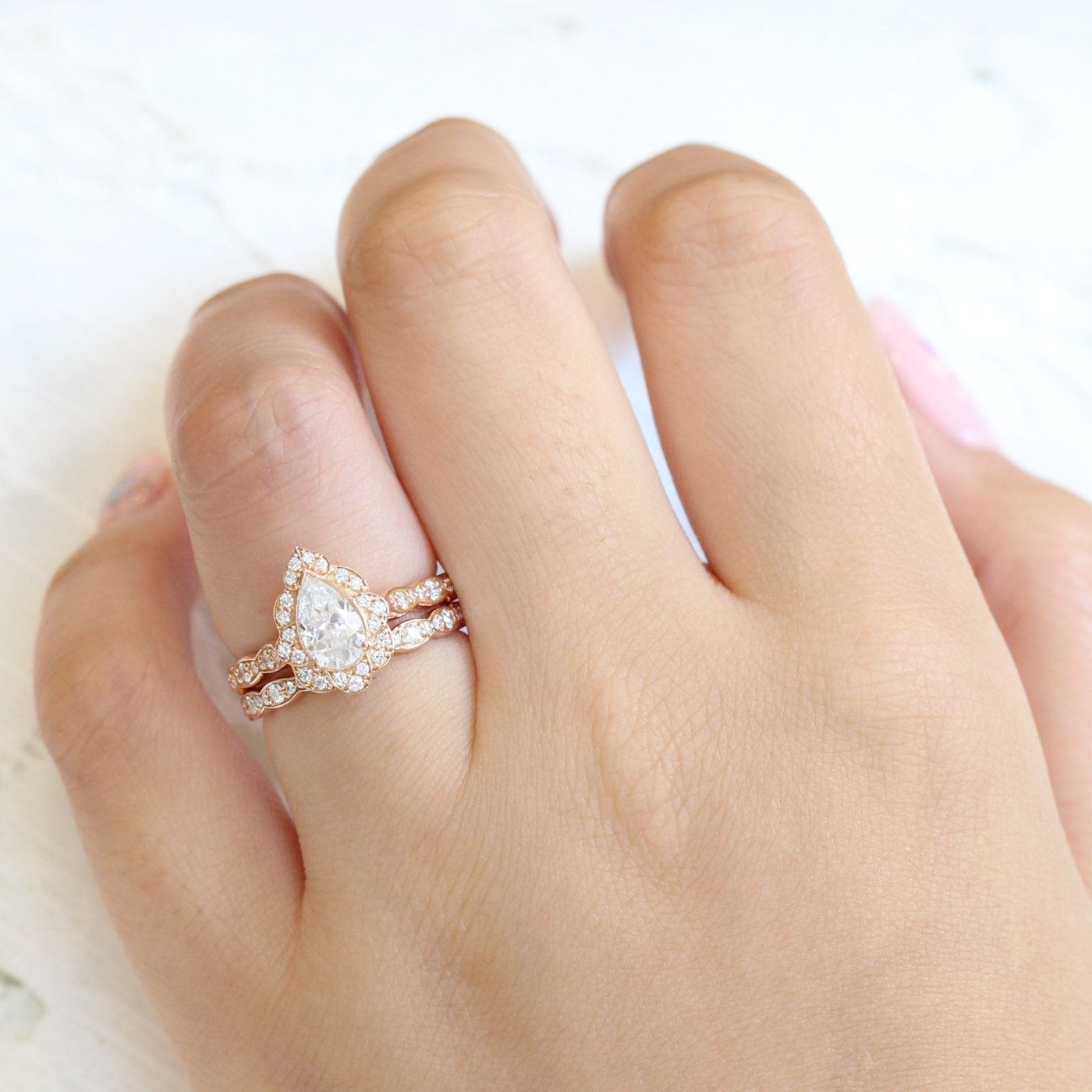 Pear floral moissanite bridal set 14k in rose gold