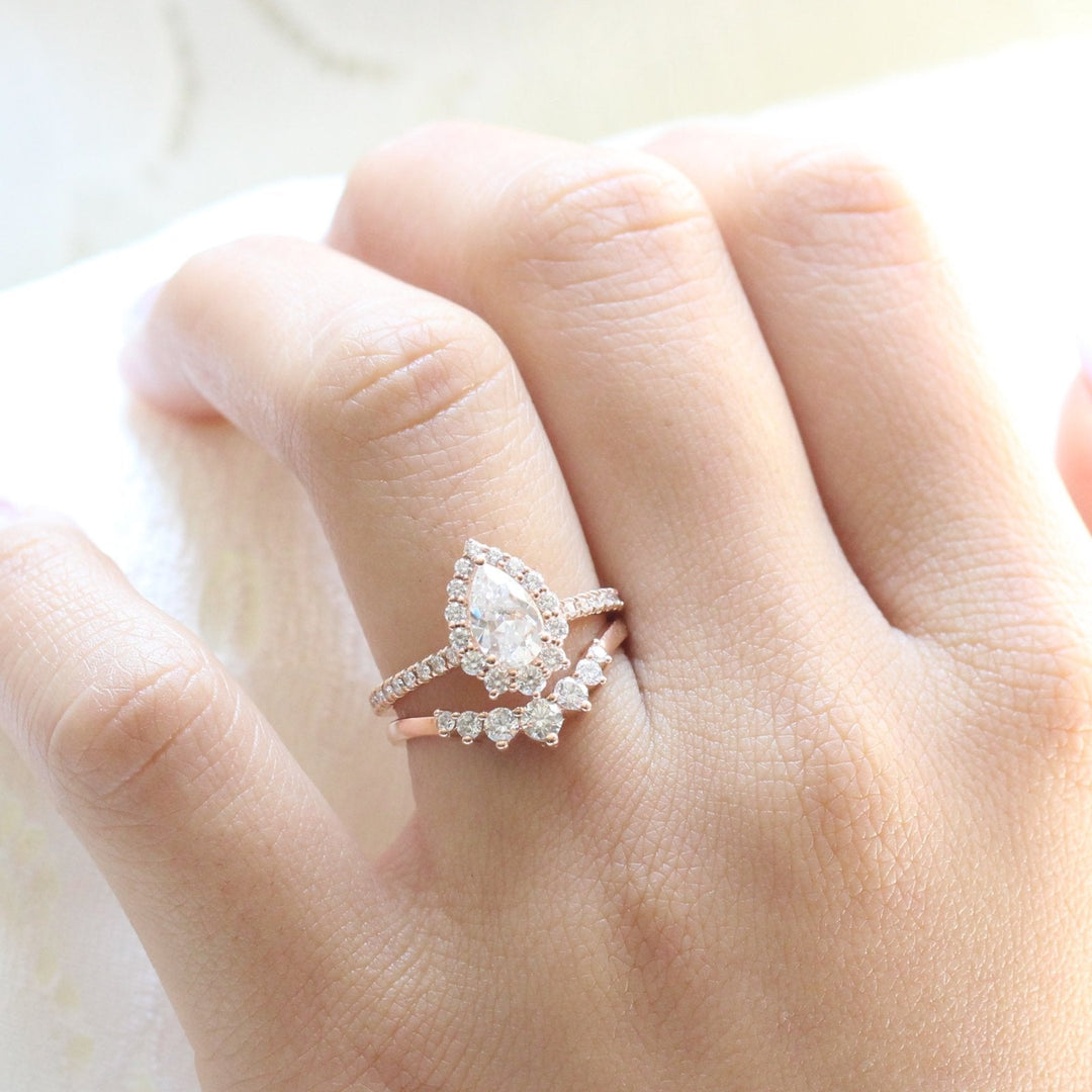 Pear cut moissanite with halo bridal band set 14k in rose gold