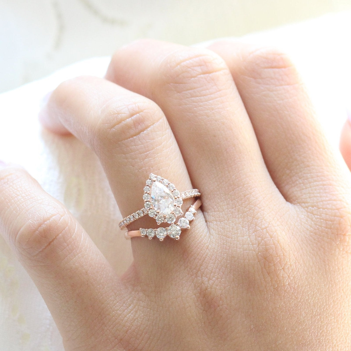 Pear cut moissanite with halo bridal band set 14k in rose gold