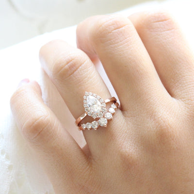 Pear cut moissanite with halo bridal band set 14k in rose gold