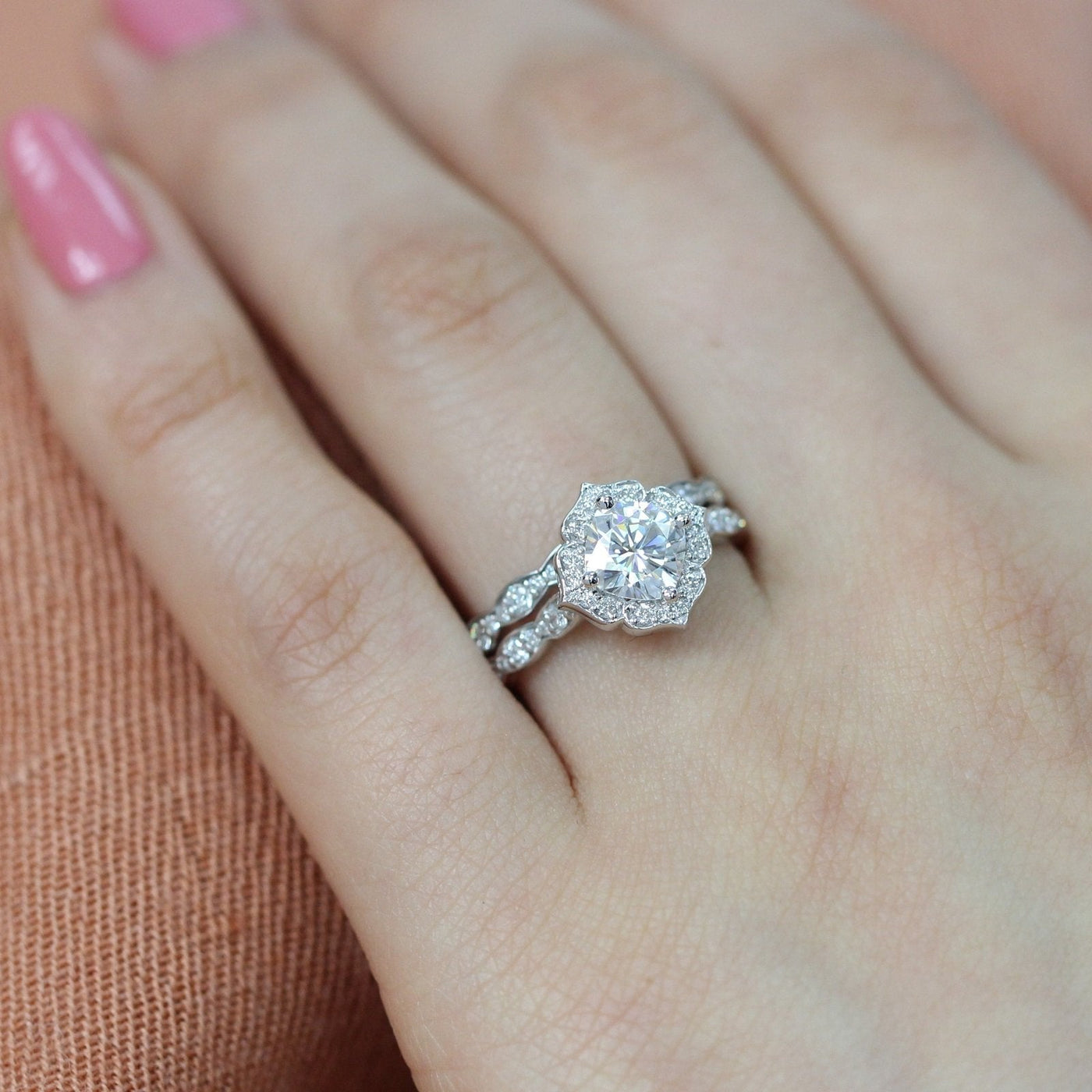 Cushion Cut Moissanite Ring With Diamond Band