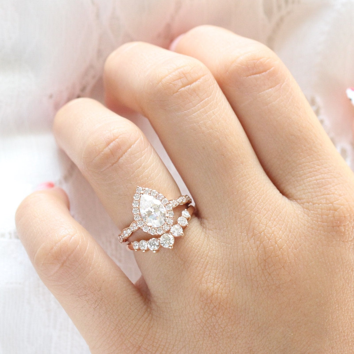 Pear cut moissanite with bridal band set 14k in rose gold