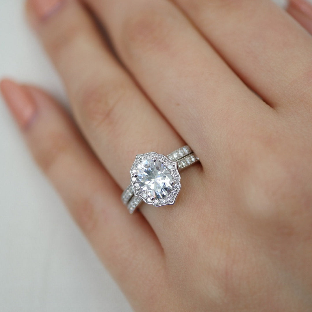 1.50ct Oval Moissanite Halo Engagement Ring Match with Channel Set Band