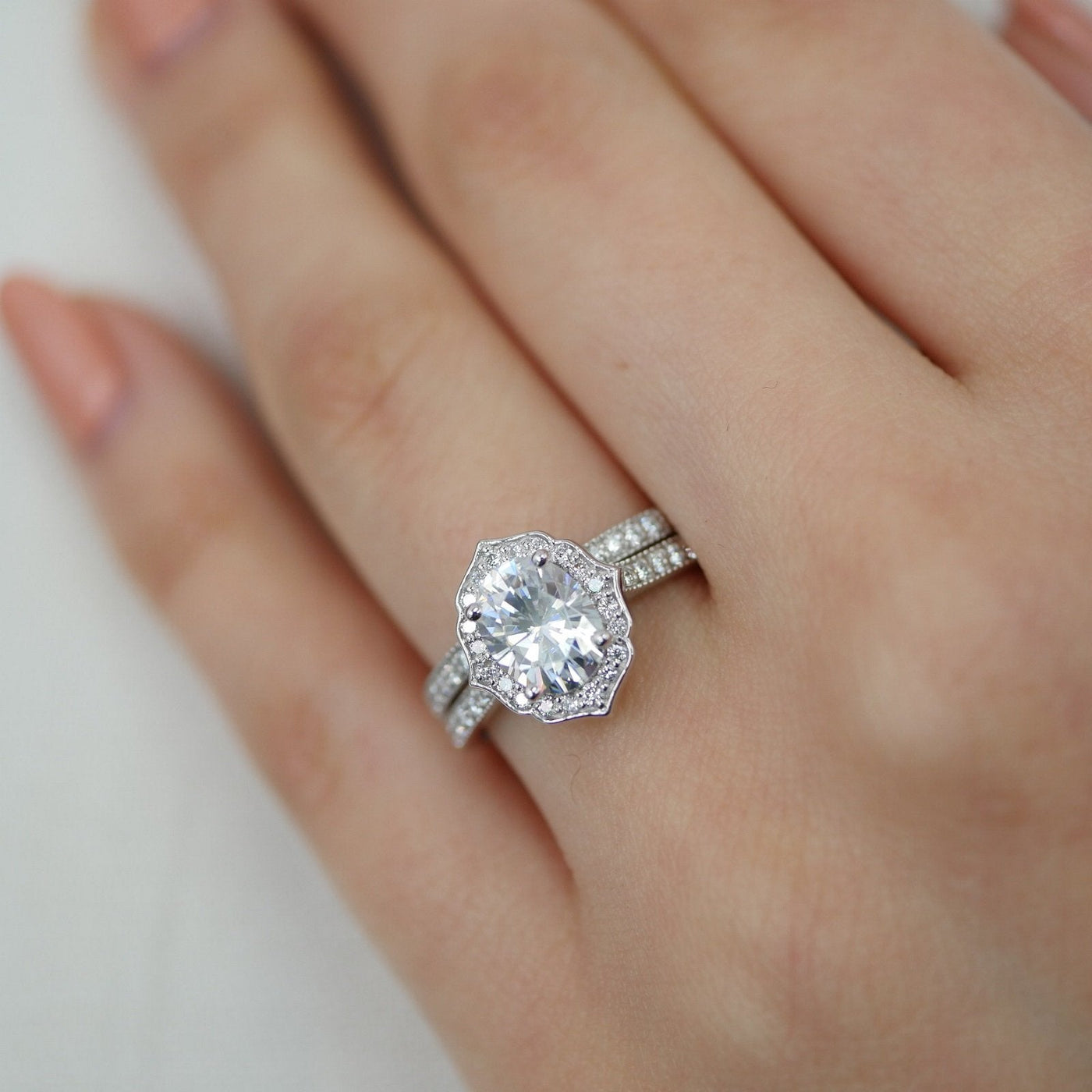 1.50ct Oval Moissanite Halo Engagement Ring Match with Channel Set Band