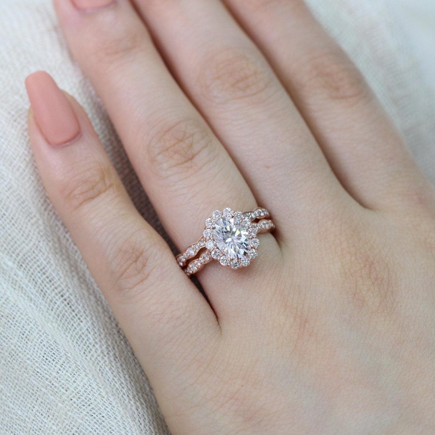 1.50ct Oval Cut Moissanite Halo Engagement Ring with Matching Wedding Band