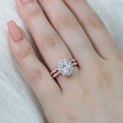 1.50ct Oval Cut Moissanite Halo Engagement Ring with Matching Wedding Band