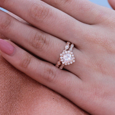 Cushion cut moissanite with halo bridal band set 14k in rose gold