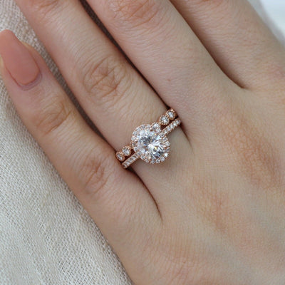Oval Cut Halo Moissanite Ring With Milgrain Diamond Band