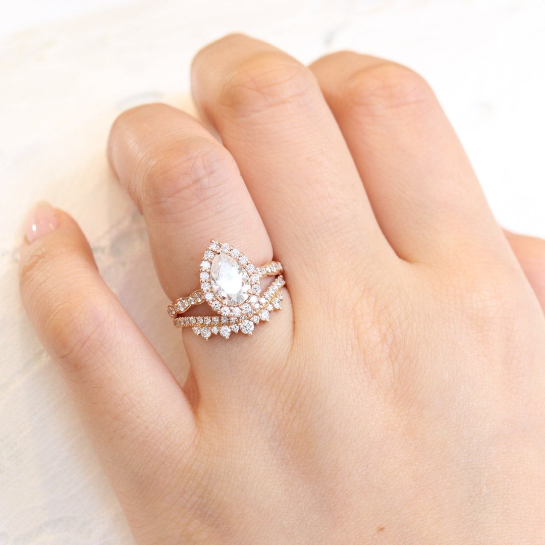 1.50ct Pear Cut Moissanite Halo Ring With Crown Diamond Band