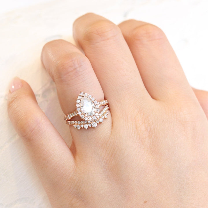 1.50ct Pear Cut Moissanite Halo Ring With Crown Diamond Band