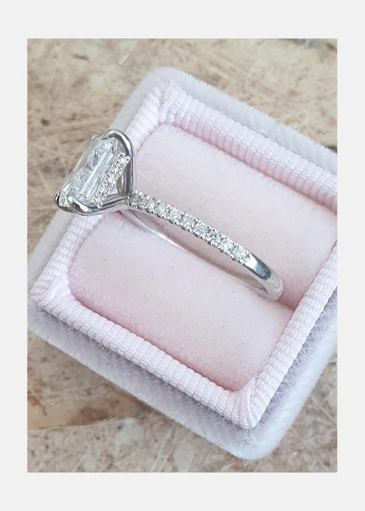 2.0ct Radiant Cut Hidden Halo Moissanite Diamond Engagement Ring in 14K White Gold 