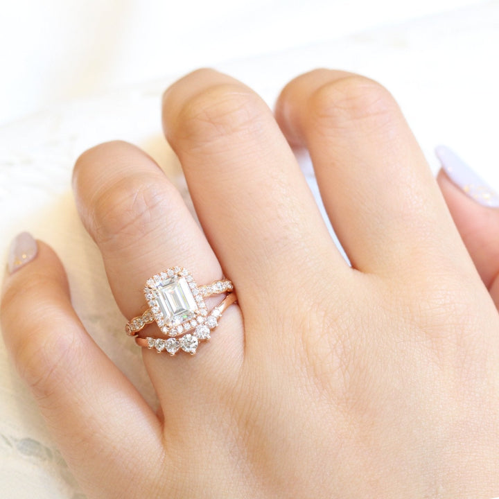 1.60ct Emerald Cut Moissanite Halo Ring With Curved Matching Band