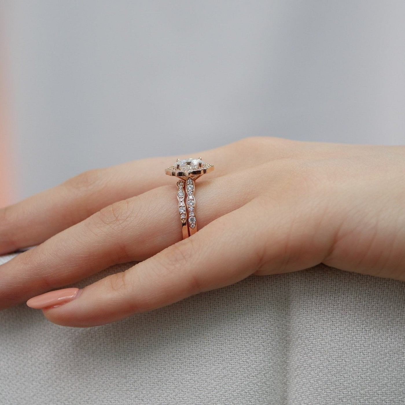 Oval cut moissanite with halo bridal band set 14k in rose gold