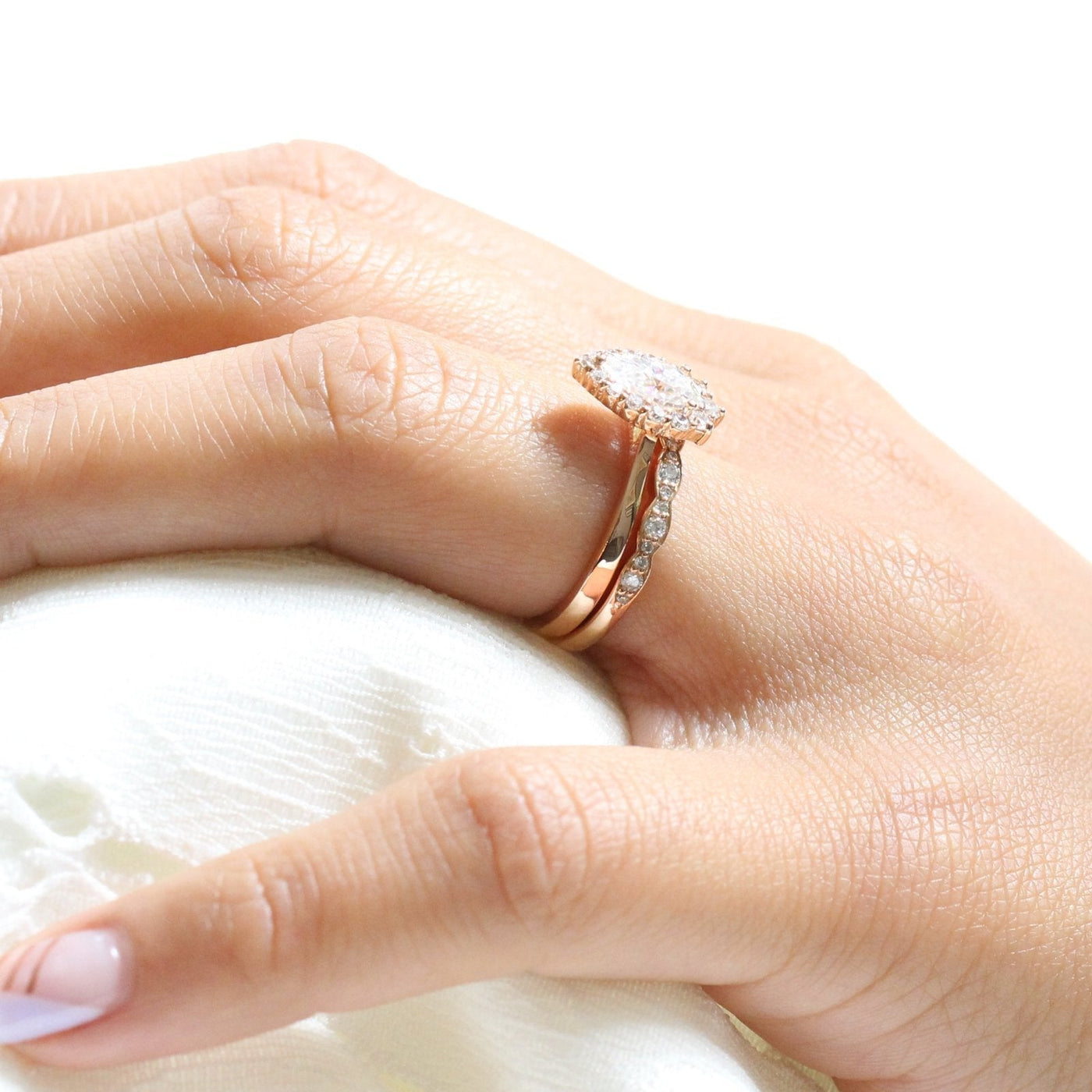 Tiara Halo Bridal Set With Pear Moissanite and Scalloped Diamond Band