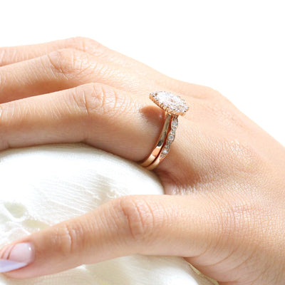 Tiara Halo Bridal Set With Pear Moissanite and Scalloped Diamond Band