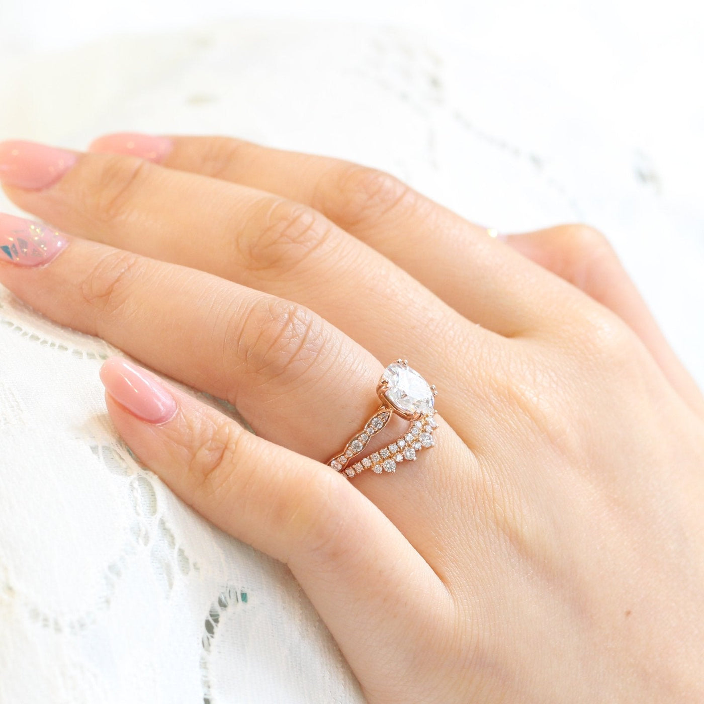 Solitaire Oval Moissanite Ring With Crown Diamond Band Ring