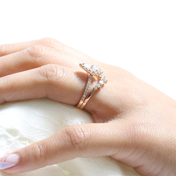 Pear cut moissanite with halo bridal band set 14k in rose gold