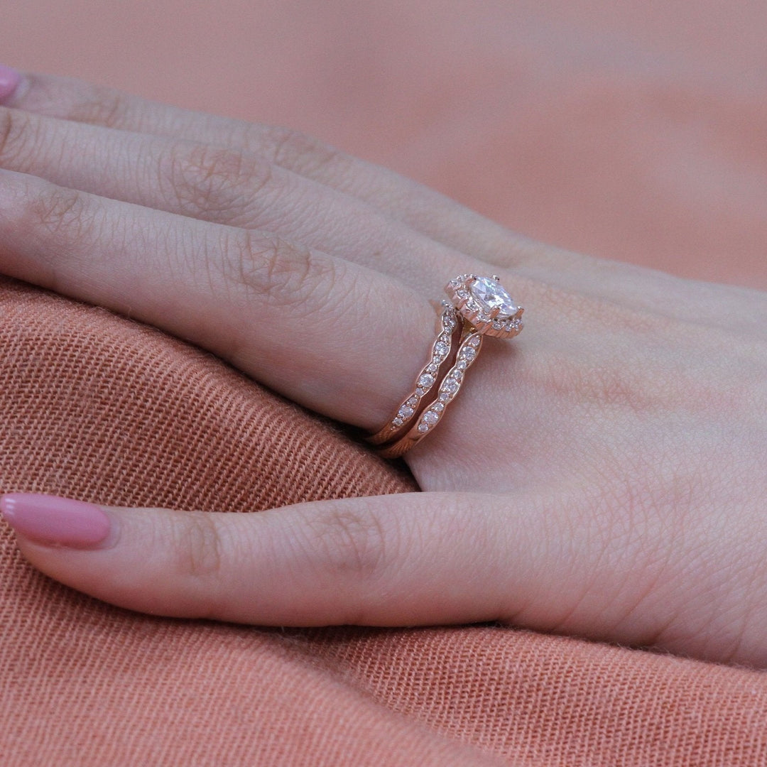 Cushion Cut Moissanite Ring With Halo Diamond Band