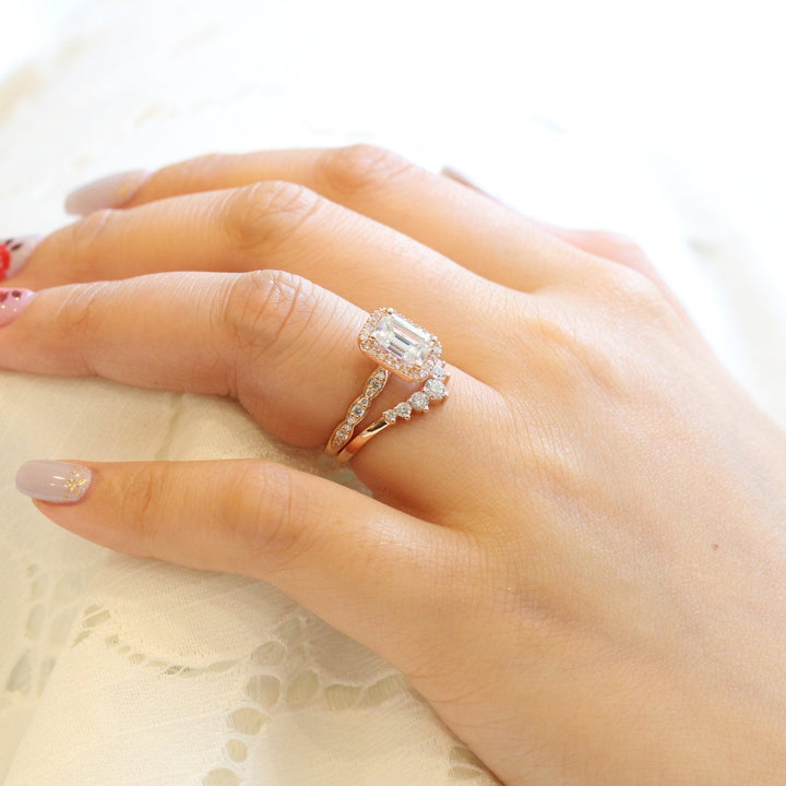 1.60ct Emerald Cut Moissanite Halo Ring With Curved Matching Band