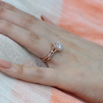 2.0ct Oval Moissanite Halo Engagement Ring with Bezel Diamond Band