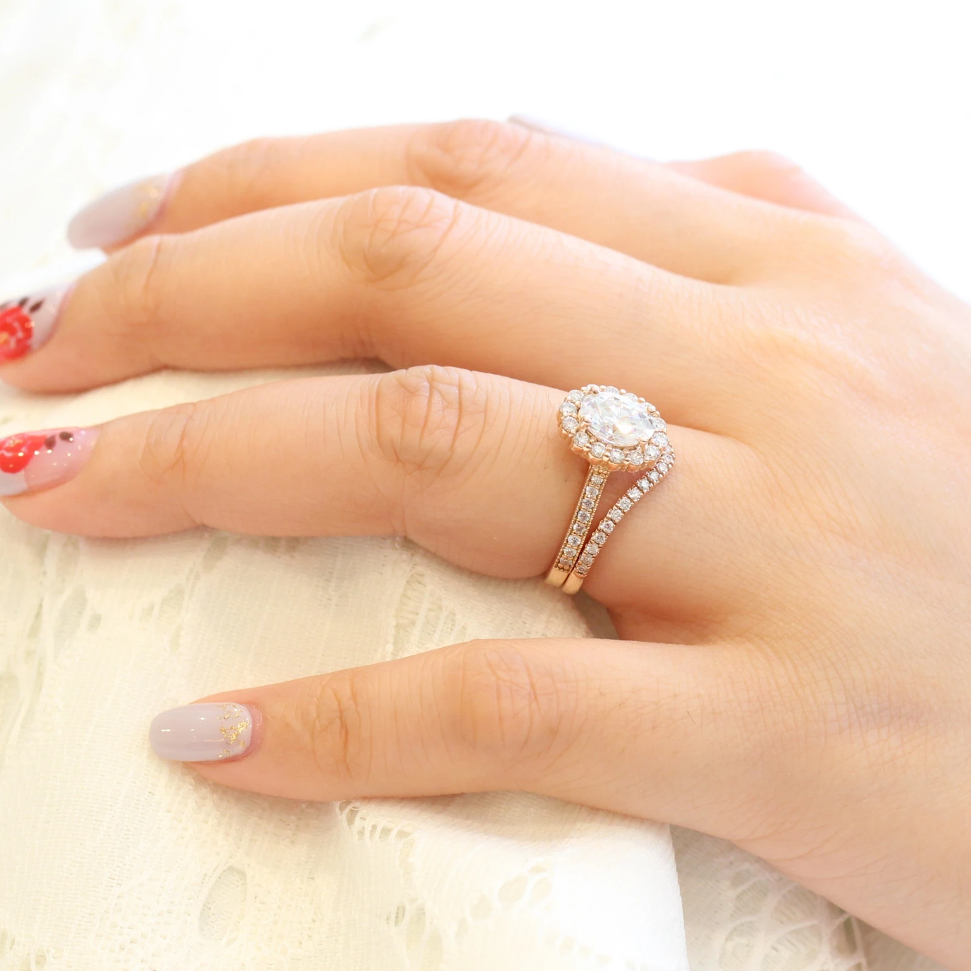 1.50ct Oval Cut Moissanite Halo Engagement Ring With Curved Wedding Band