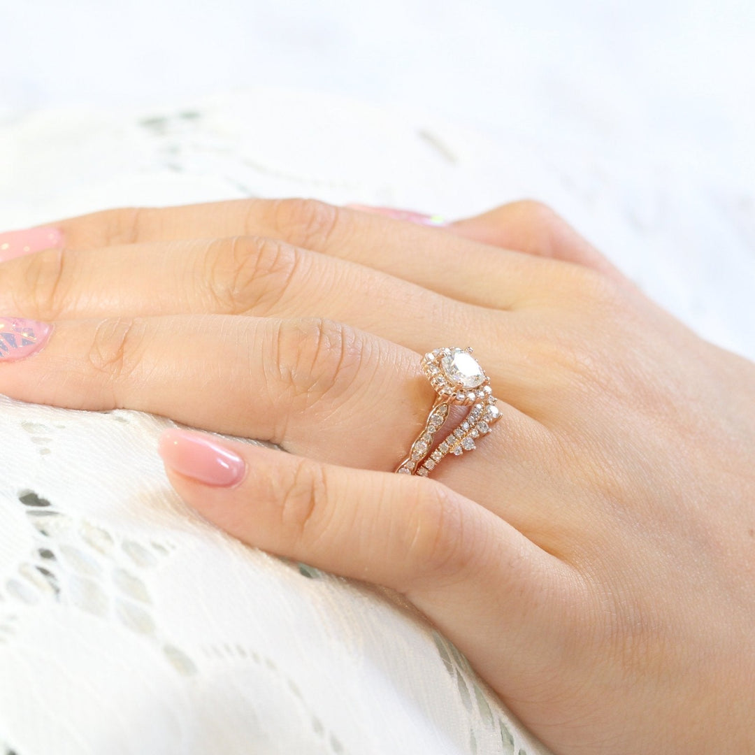 Cushion Cut Halo Ring in Scalloped Band With Crown Diamond Band Ring