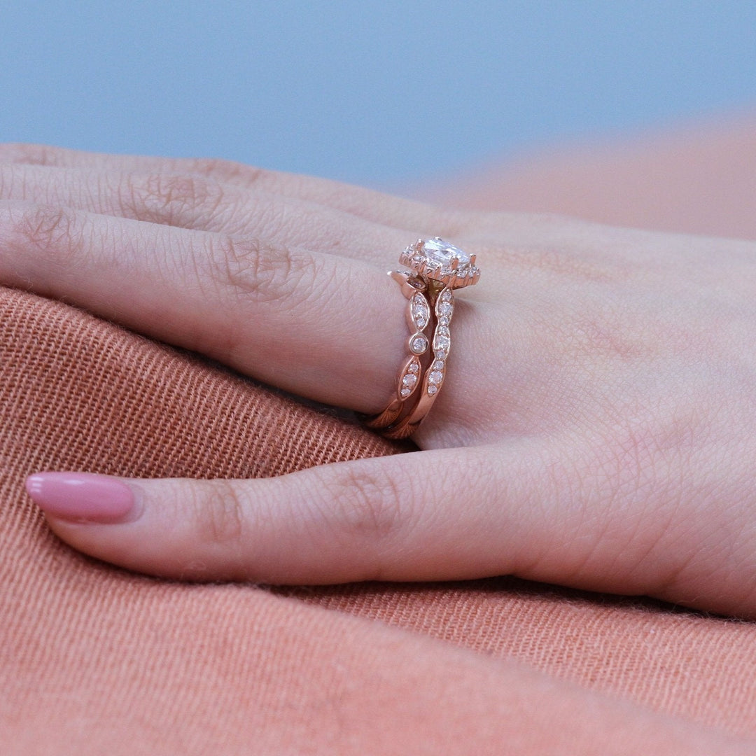 Cushion cut moissanite with halo bridal band set 14k in rose gold