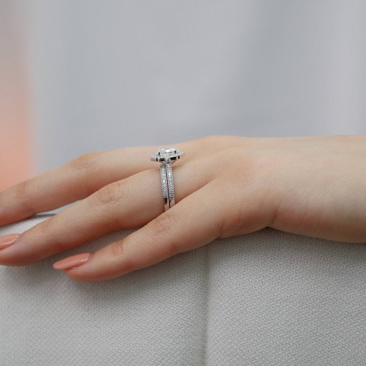 1.50ct Oval Moissanite Halo Engagement Ring Match with Channel Set Band