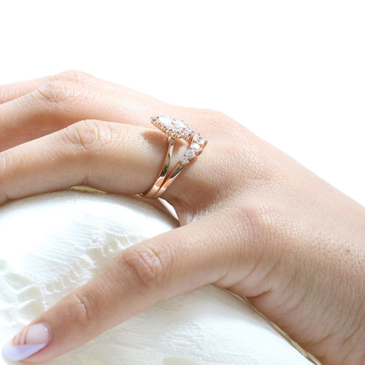 Pear cut moissanite with halo bridal band set 14k in rose gold