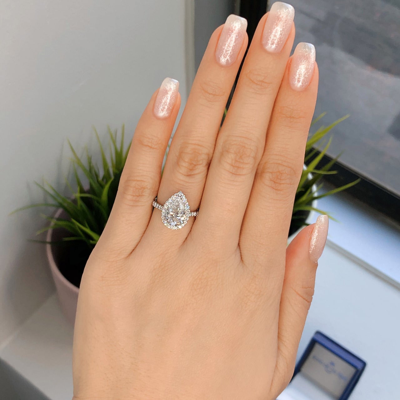 1.93ct Pear Cut Halo Moissanite Solitaire Engagement Ring