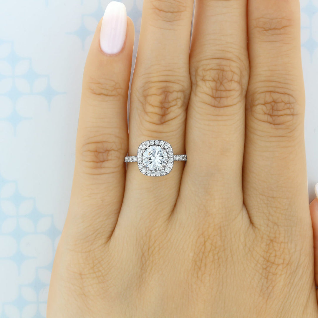 1.0ct Round Cut Moissanite Unique Halo Engagement Ring