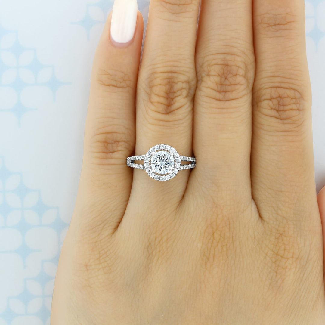 1.0ct Round Cut Halo Split Shank Moissanite Engagement Ring