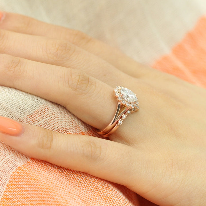 Oval cut moissanite with halo bridal band set 14k in rose gold