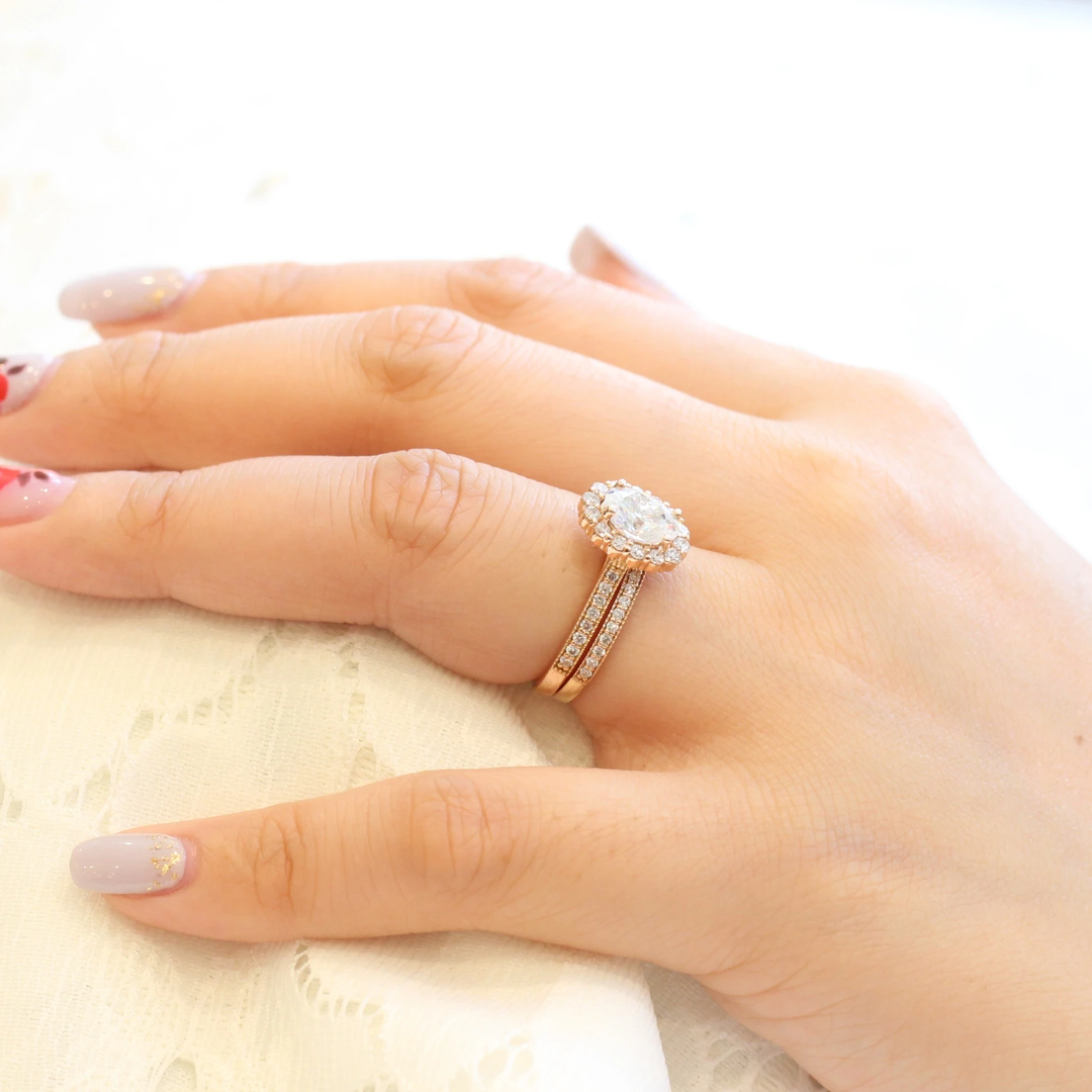 Oval cut moissanite with halo bridal band set 14k in rose gold