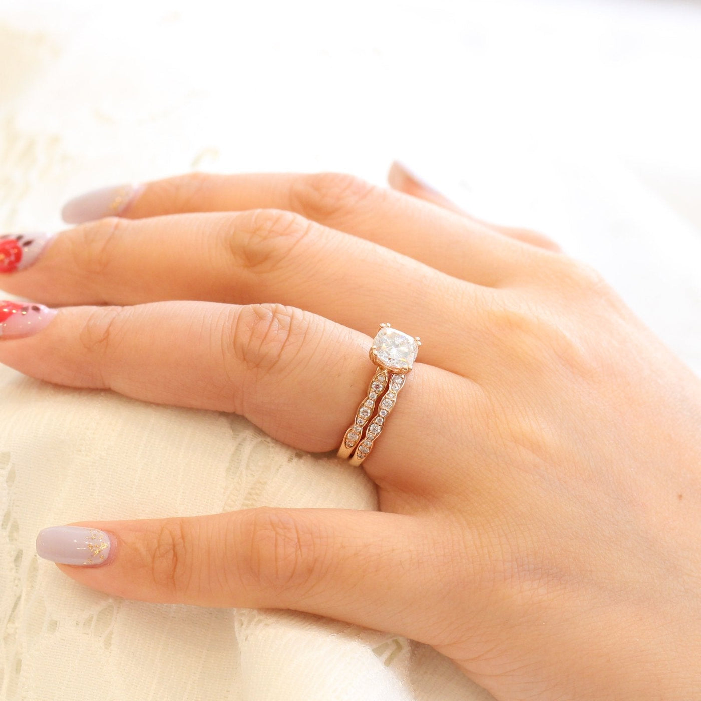 Cushion Cut Moissanite Ring With Halo Diamond Band