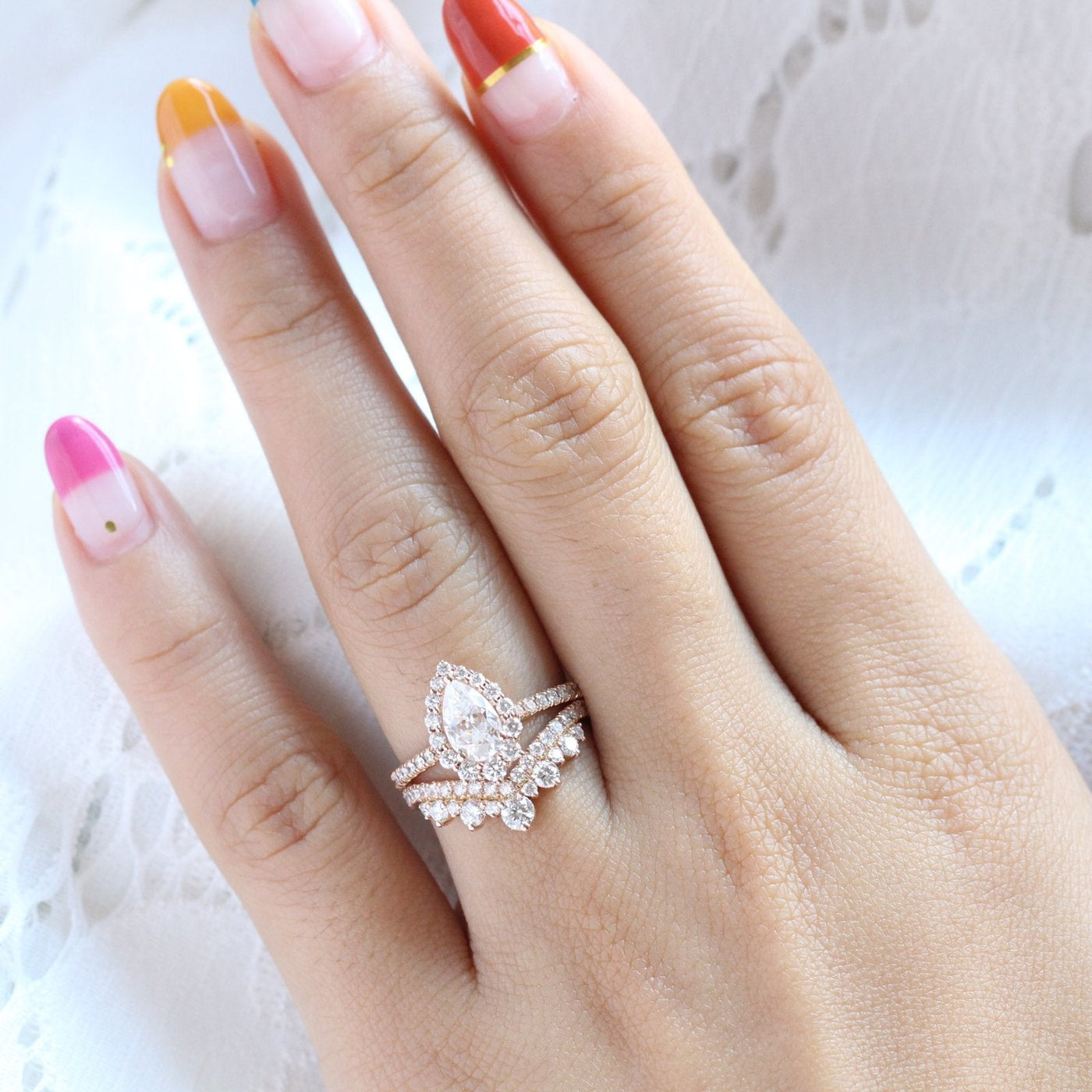 Tiara Halo Pave Bridal Set With Pear Moissanite and Tiara Diamond Band