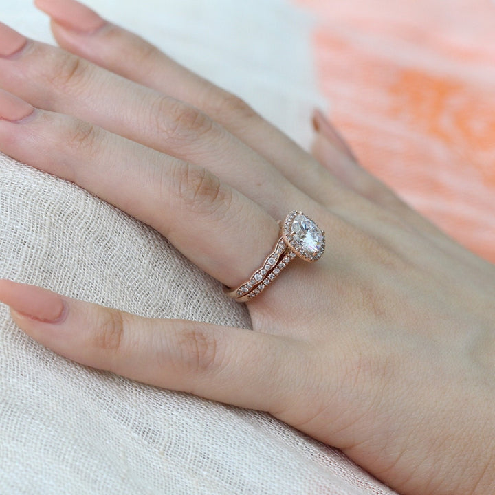 Cushion Halo Pave Moissanite Ring With Scalloped Diamond Band