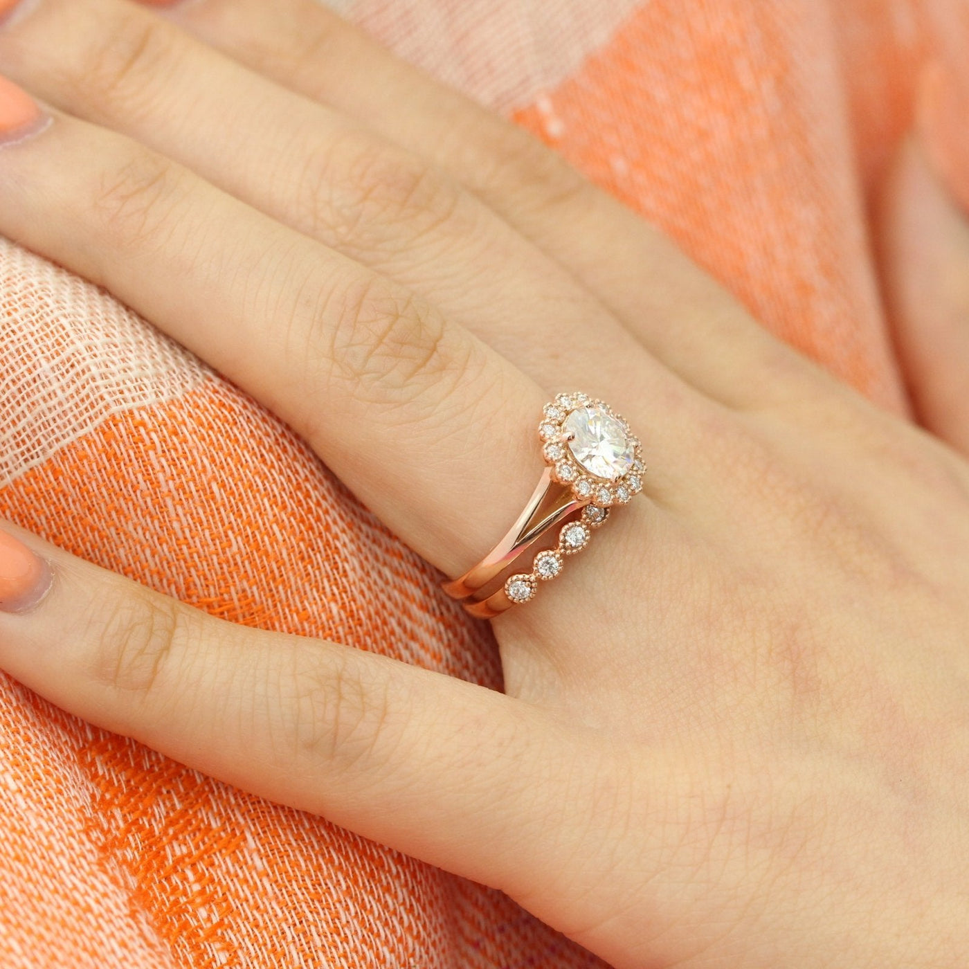 Vintage Round Cut Halo Moissanite Ring With Milgrain Diamond Band