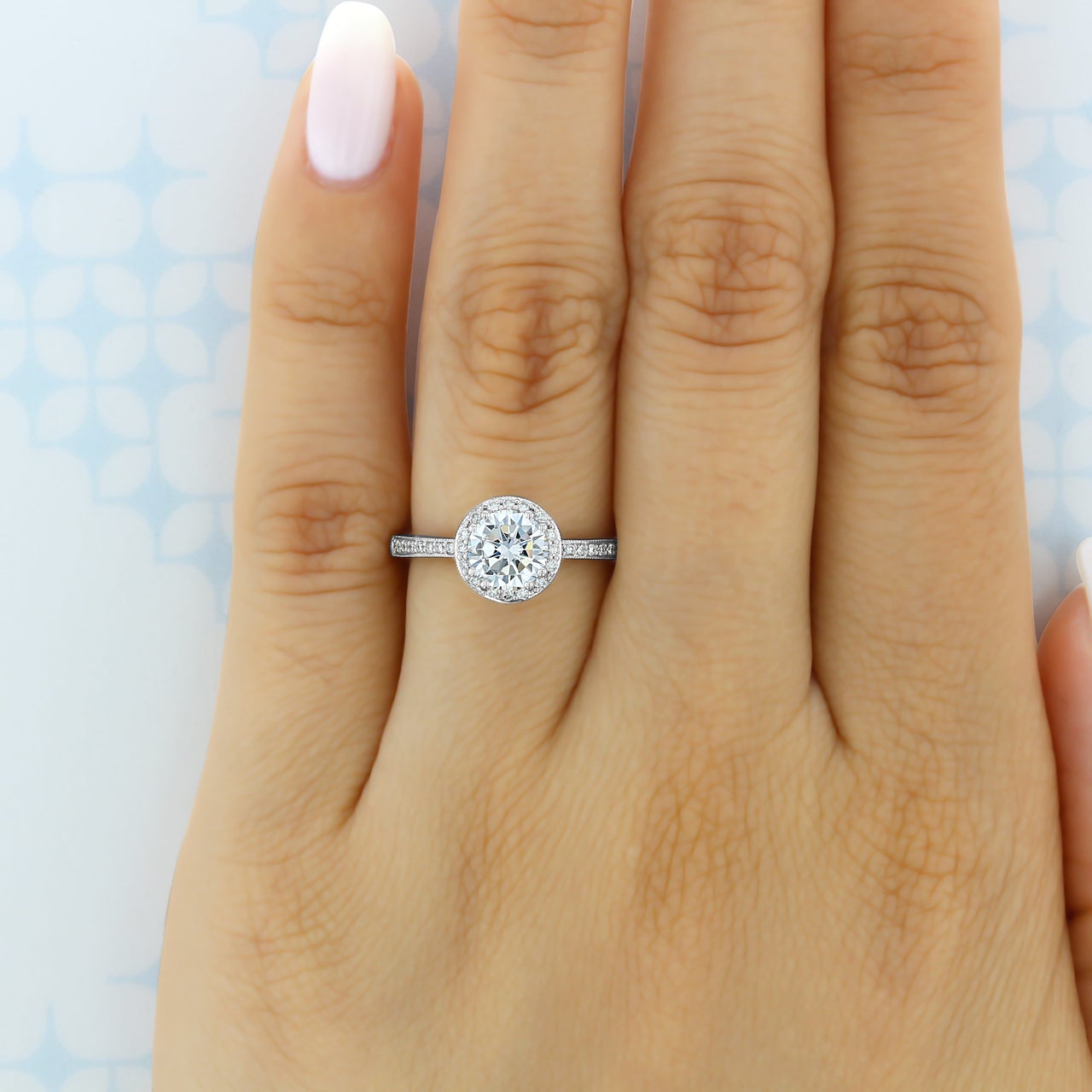 1.35CT Round Cut Halo Moissanite Engagement Ring in 18K White Gold