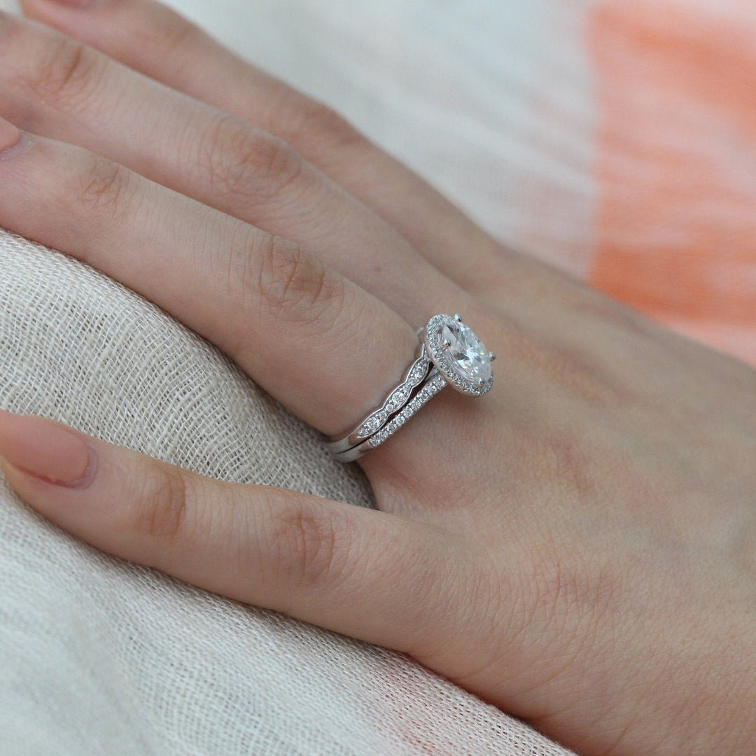 2.0ct Oval Cut Moissanite Halo Engagement Ring With Unique Wedding Band