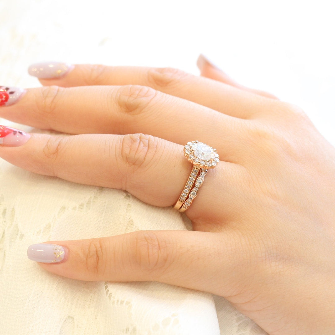 1.50ct Oval Cut Moissanite Halo Ring With Unique Matching Wedding Band