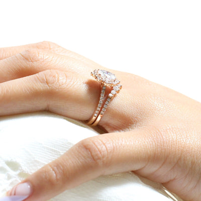 Oval cut moissanite with halo bridal band set 14k in rose gold